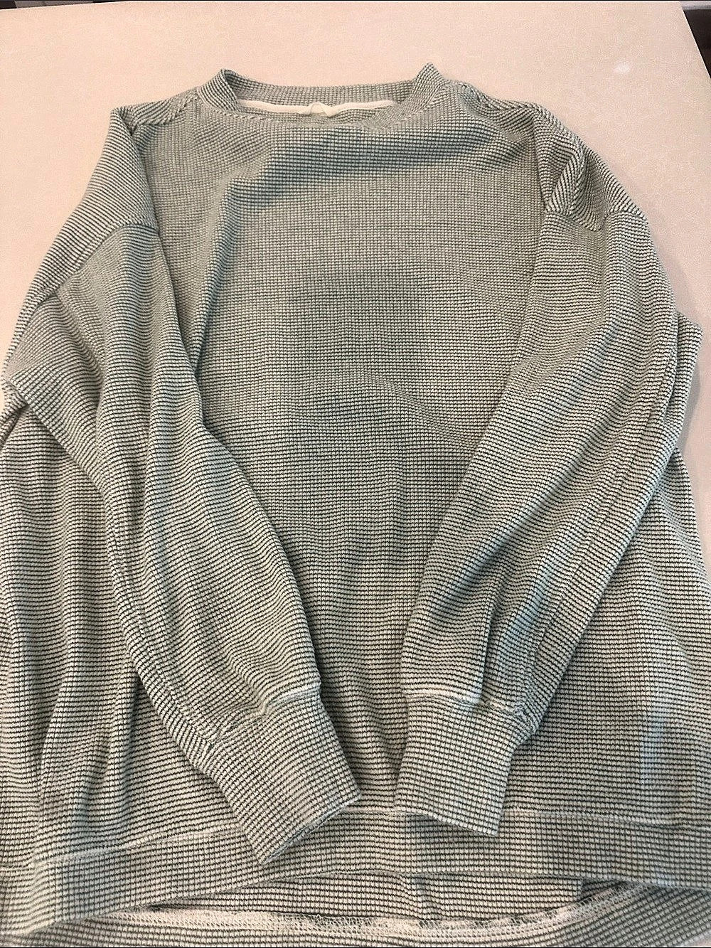 Aerie Waffle Knit Crewneck Sweatshirt Green & White Small